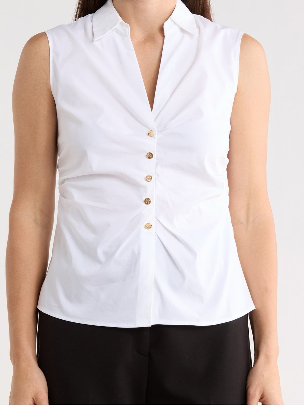 Tahari White Ruched Sleeveless Blouse Size Small Gold Button Collared Top